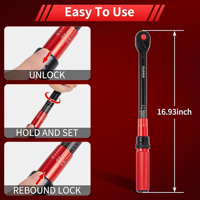1/2 Inch Drive Click Torque Wrench, Dual-direction Torque Wrench 10-170.0ft.lb/13.60-230.5Nm, 72-tooth Torque Wrenches with Dual Range Scales, ±3% High Precision For Bike