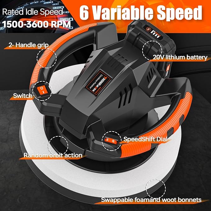 THINKWORK Buffer Polisher, 20V Cordless Buffer Polisher, 10 Inch Portable Polishing Machine Kit for Car, with 2Ah Rechargeable Battery, 6 Variable Speed 1500-3600RPM,Double handle,Ideal for Car Waxing