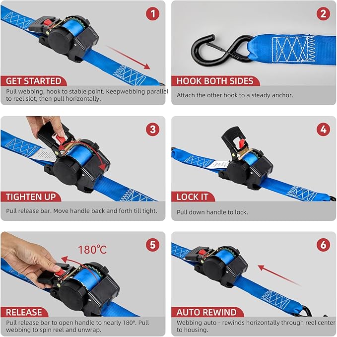 Auto Retractable Ratchet Tie-Down Straps 4500 lbs, 2in × 10ft Self-Retracting Ratchet Straps with Dampers, Heavy Duty S-Hooks, Auto Retract Strap System for Cargo, Trucks, Trailers, Blue, 2 Pack