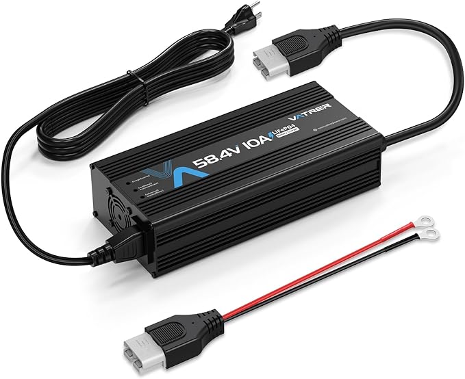 58.4V 10A AC-DC LiFePO4 Lithium Battery Charger for 51.2V 48V Rechargeable Lithium Battery, Built-in 4 Safety Protections & Cooling Fan, with Smart LED Indicator