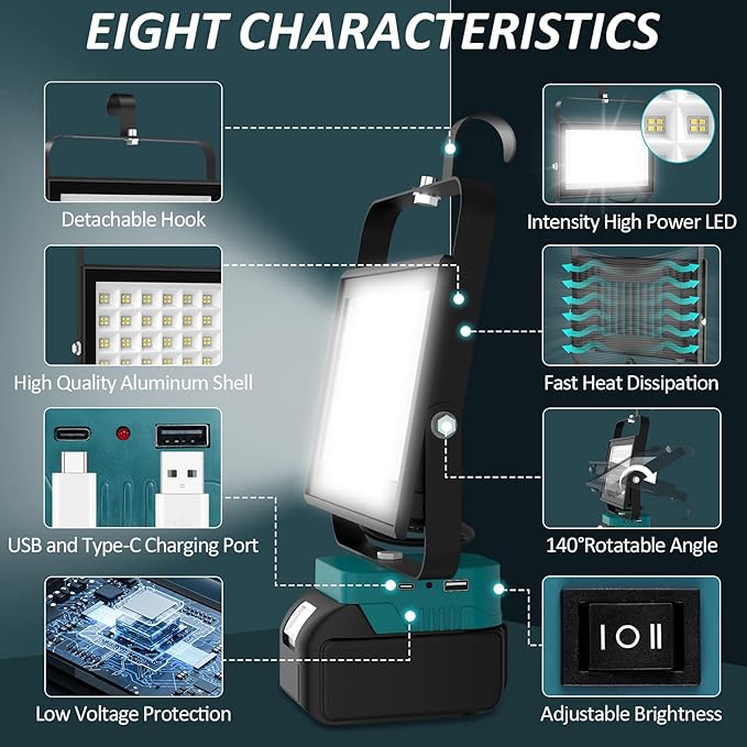 T-SUN 100W LED Work Light, Cordless Portable Light for 20V Max Battery(Not Included), Work Light with USB & Type C Charging Port, for Jobsites, Workshops, Emergency, Outdoor