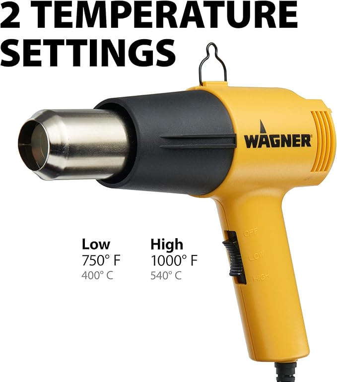 Wagner Spraytech 0503008 HT1000 Heat Gun, 2 Temp Settings 750ᵒF & 1000ᵒF, Great for Soften Paint, Caulking, Adhesive, Putty Removal, Shrink Wrap, Bend Plastic Pipes, Loosen Rusted Nuts Bolts, Yellow