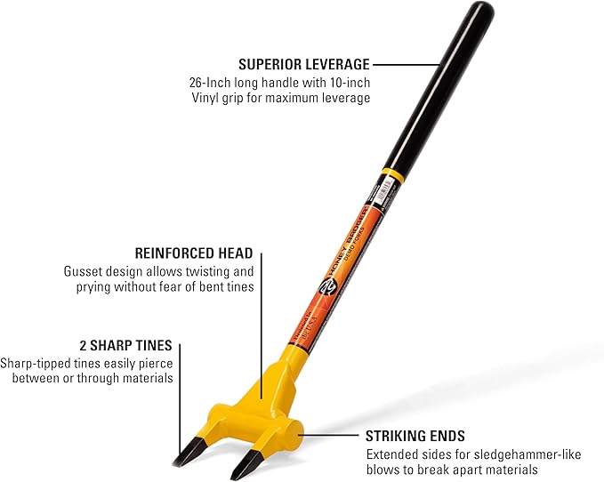 Honey Badger Demolition Fork, 26-inch 2-tine Wrecking Pry Bar, Multipurpose Tool for Flooring, Siding, Trim, Drywall, Roofing, and Decking