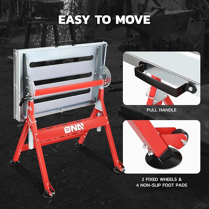 DNA Motoring Carbon Steel Welding Table 29.5in x 19.3in 400lbs Loding Capacity, Adjustable Angle & Height, Portable Work Bench with 2 Fixed Wheels, TOOLS-00461