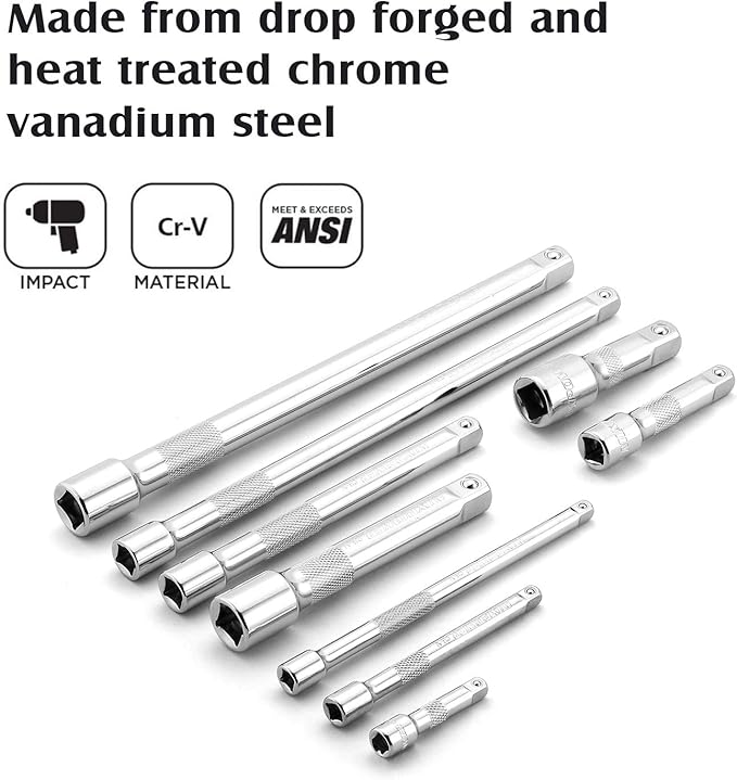 MIXPOWER 9-Piece Extension Bar Set, 1/4", 3/8" and 1/2" Drive Socket Extension Bar, CR-V, Mirror Finish