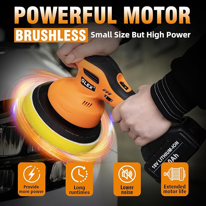 GLEX Electric Cordless Car Buffer Polisher, 6-inch Car Buffer Waxer Kit, 18V 4.0AH Battery*2, 6-speed Variable Speed, Up to 6600RPM, for Car Detailing, Boat Sanding, Scratch Removal, Mirror Polishing