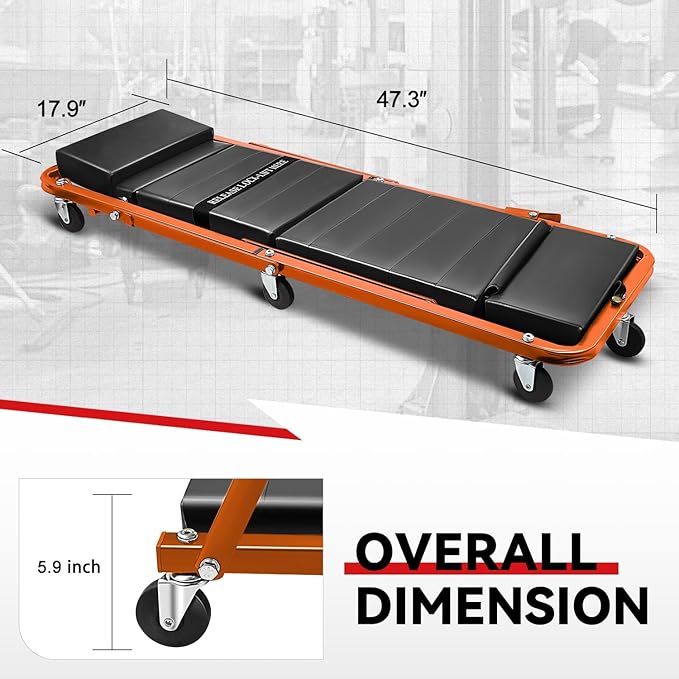 Auto Dynasty 48" Z-Creeper Seat, 2-in-1 Foldable Garage Rolling Creeper Shop Seat, 330 LBS Capacity Automotive Mechanic Under Car Repair Tool, Orange