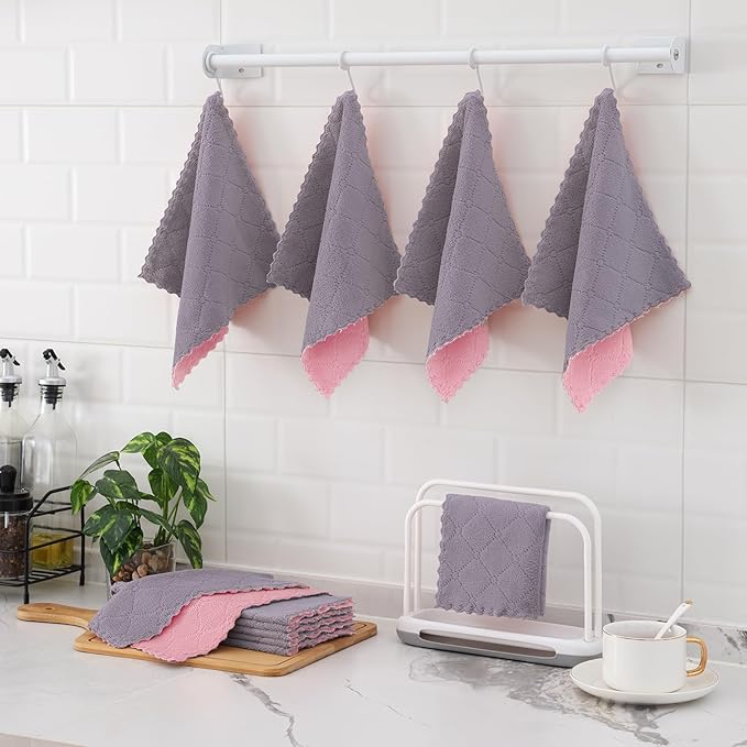Mordimy 12 Pack Kitchen Cloths Dish Towels (10" x 10", Grey & Pink), Super Soft and Absorbent Dish Cloths, Coral Velvet Microfiber Cleaning Cloth, Nonstick Oil Fast Dry Dishcloths