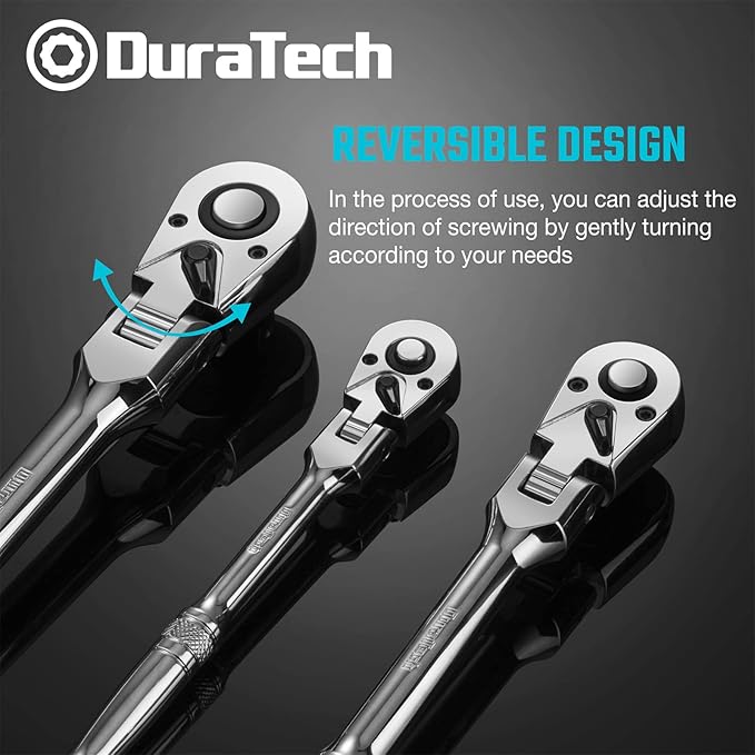 DURATECH 3-Piece Flex-Head Ratchet Set, 1/4", 3/8", 1/2" Drive Ratchet, 72-Tooth with Quick-Release Reversible Design, Chrome Alloy Made, Fully Polished, Organized in Storage Case