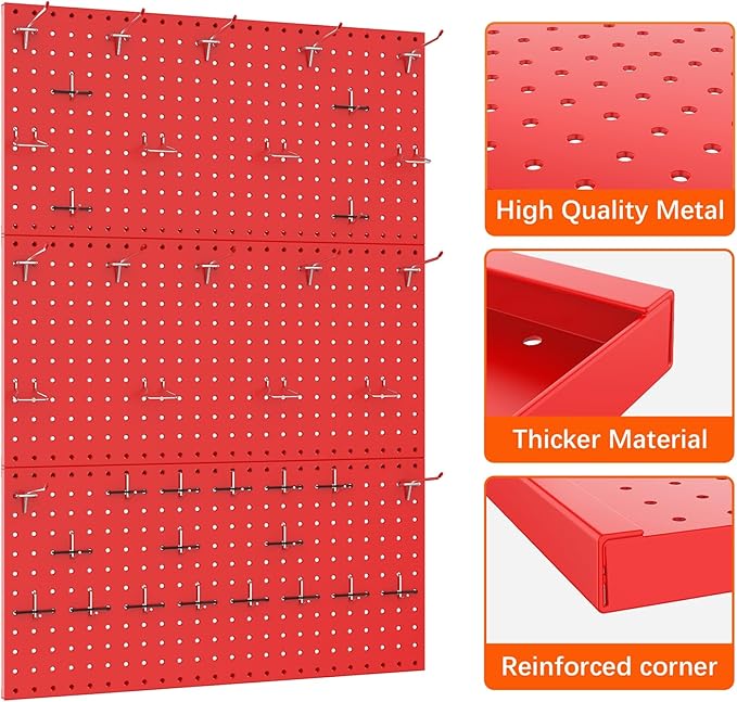TORACK 3 PCS Metal Pegboard Panels(12x24 inch) for Wall Garage Tools Storage Pegboard System for Workbench, Modular Peg Board Tool Organizer Board Kit(Pack of 3, Red)