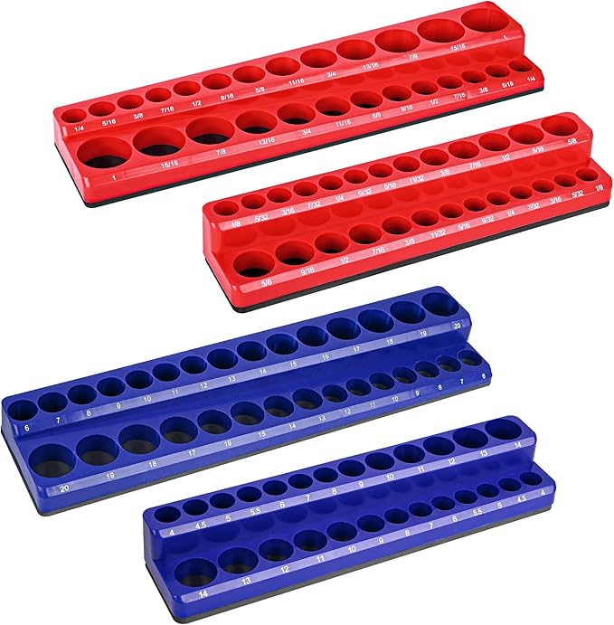 Magnetic Socket Organizer Holder 4-Piece (1/4 In, 3/8 In Drive Metric SAE) Magnet Socket Rail Trays Storage Set Holds 108 Sockets for Tool Box Drawer