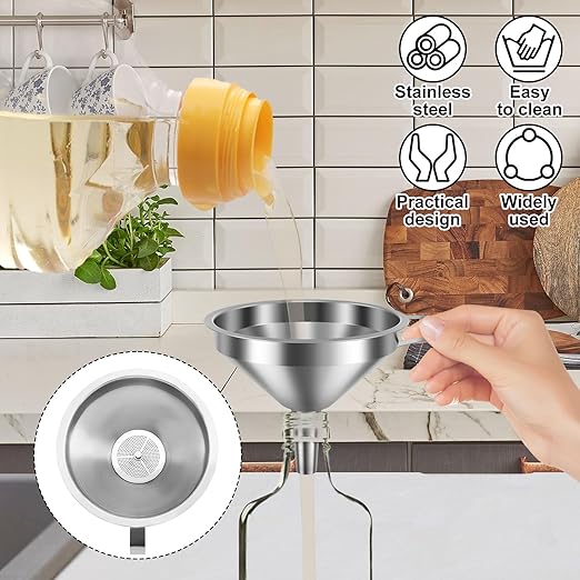 14 Pack Stainless Steel Funnel Set, Filter Kitchen Funnel with 6 Fine Mesh Strainers, 4 Sizes Funnels for Kitchen Use Filling Bottles, Filling Bottles, Oil, Jam, Liquid & Powder