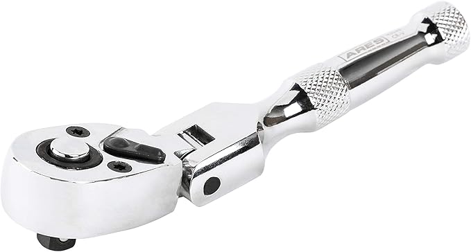 ARES 42043 - Flex Head Stubby Ratchet - 1/4-Inch Drive 72-Tooth Ratchet - Premium Chrome Vanadium Steel Construction & Mirror Polish Finish - Quick Release Reversible Direction Head Design