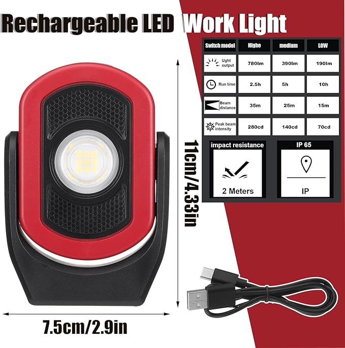 Retisee 3 Pack 780 Lumens Magnetic Work Light USB Rechargeable LED Flashlight Portable Inspection Light for Car Repair Emergency Lighting Mechanics Workshop (Red-3PK)