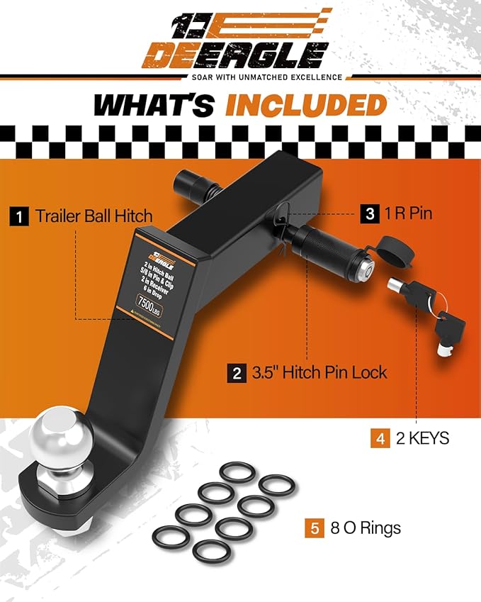 DEEAGLE 2 in Ball Hitch with Pin, Heavy Duty Steel Receiver Hitch with 3.5” Hitch Pin Lock, Fits 2 in Receiver, 7500lbs, 6 in Drop