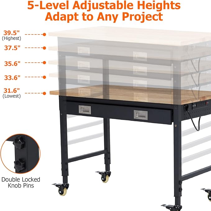 GarveeTech Adjustable Workbench for Garage, 48 in Rubber Wood Top Workbench With Drawer Storage Pegboard, 2000 LBS Load Capacity, Heavy Duty Workstation With Power Outlets & Wheels, Tool Storage Bench