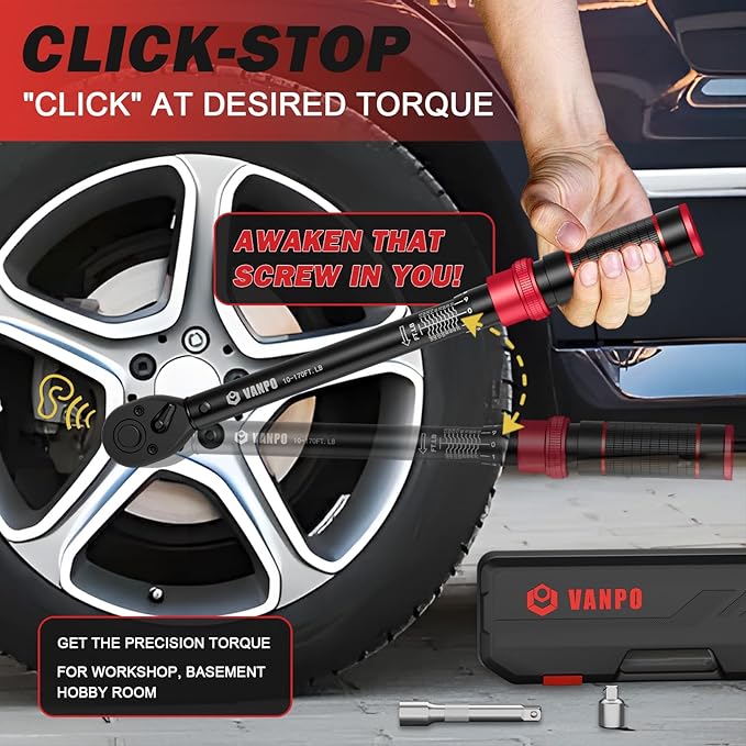 VANPO 1/2-inch Drive Click Torque Wrench,10-170 Ft-Lb/13.6-230.5 Nm, Adjustable Torque Wrench Set with 1/2" to 3/8" Adapter, 125mm Extension Bar, 72-Tooth Torque Wrench for Moto, Car Maintenance