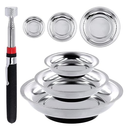 Tanstic 4Pcs Round Magnetic Trays Set with Magnetic Pick Up Tool, 3" 4" 6" Stainless Steel Magnet Trays Tools Parts Tray Holder, Telescoping Pick Up Tool Telescopic Magnet Stick for Metal Parts