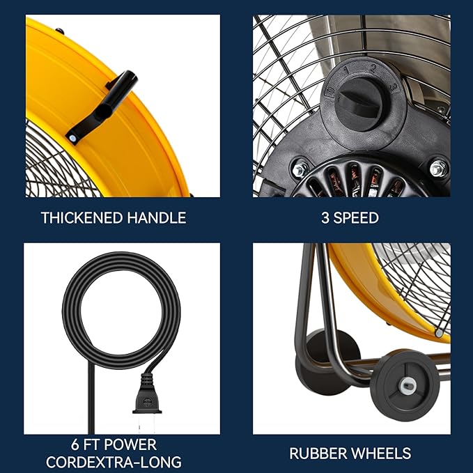 24 inch High Velocity Industrial Drum Fan, 8800 CFM Heavy Duty Metal Air Circulator, 3-Speed Floor Fan with 360° Tilt & Wheels for Warehouse, Workshop, Factory & Gym – UL Listed