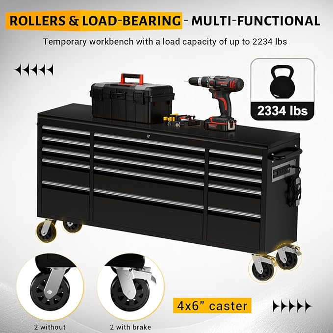 CHETTO C 72-inch Rolling Tool Chest Cabinet Mobile Workbench with 15 Storage Drawers and Wheels, Outlet Black Tool Box for Garage