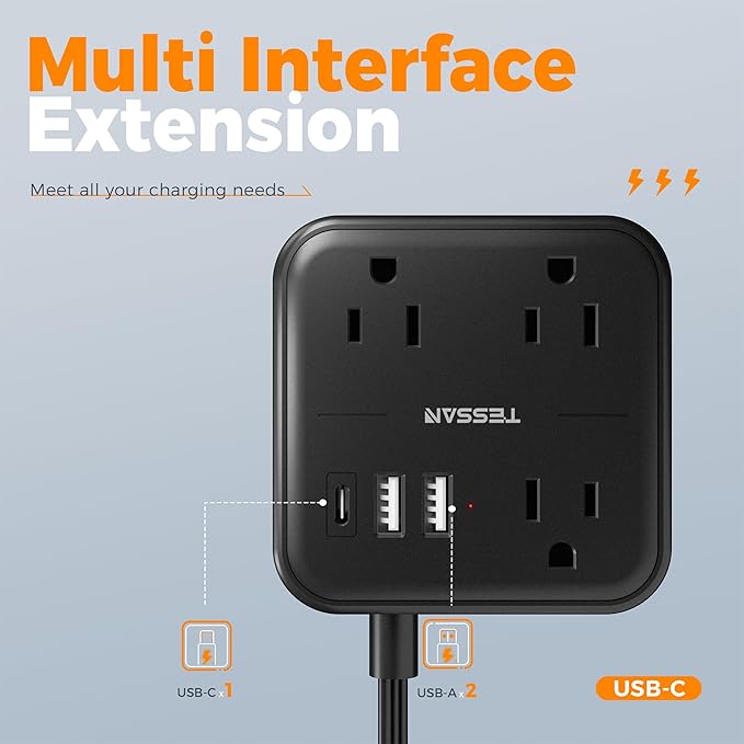 TESSAN Ultra Thin Flat Extension Cord 5 FT, Slim Power Strip with USB Ports (1 USB C), Surge Protector Flat Plug Wall Charger with 3 Outlets for Office, School, Dorm Room Essentials, Black