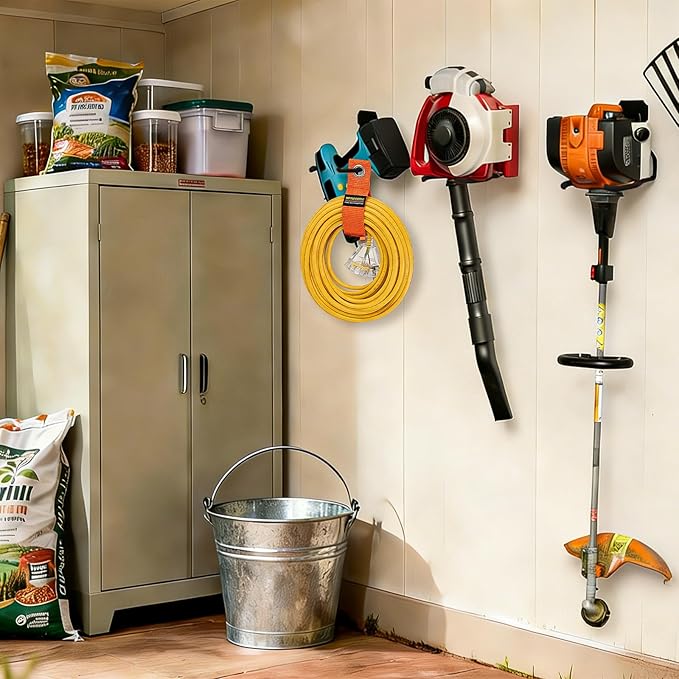 Heavy Duty Garden Power Tool Hanger, Garage Storage Utility Hooks with Storage Straps, Electric Tool Hooks, String Trimmer Hangers, Garden Tool Organizer, Weedeater Rack (2, Black)