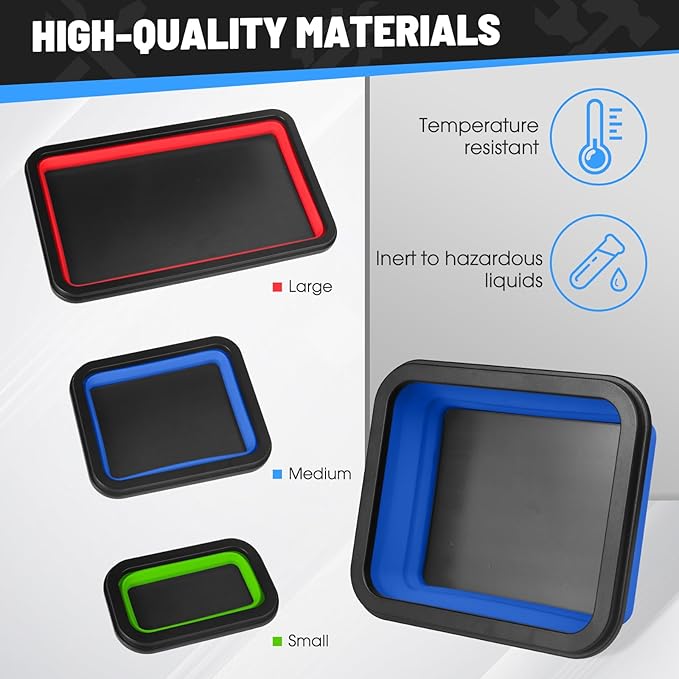 3 Pack Magnetic Parts Tray Set, Different Size Collapsible Tool Trays for Storage Organizer Screw, Bolts, Nuts, Washers, Pins & Other Small Metal Parts-Tool Gifts for Men(Red Blue Green)