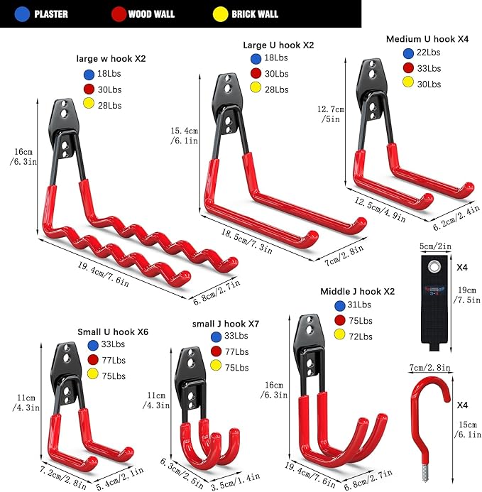 3-H Garage Wall Hooks Heavy Duty 31 Pack, Anti-Slip Steel Wall Mount Storage Hooks for Hanging Ladder Garden Yard Tools, Utility Organizer for Garage Lawn Shed(Red)