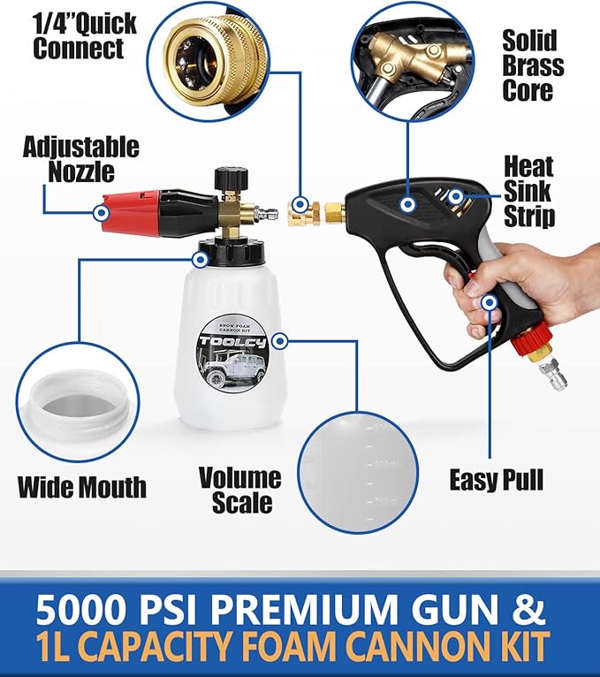 TOOLCY Foam Cannon Kit with Pressure Washer Gun 5000 PSI, 5 Nozzle Tips, 1/4" Quick Connector, 1L Bottle, Quick Release, Industrial Grade