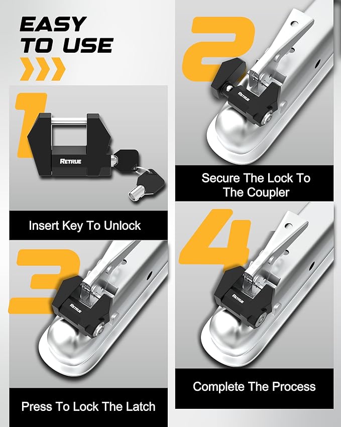 RETRUE Cyber Lock™ Heavy Duty Trailer Coupler Lock, Upgraded Trailer Lock with Extra Wide 1.2" Span & 1/4" Diameter, Anti-Theft Tongue Locks for RVs, Boats,Trucks –Tow Hitch Security Accessory-Black