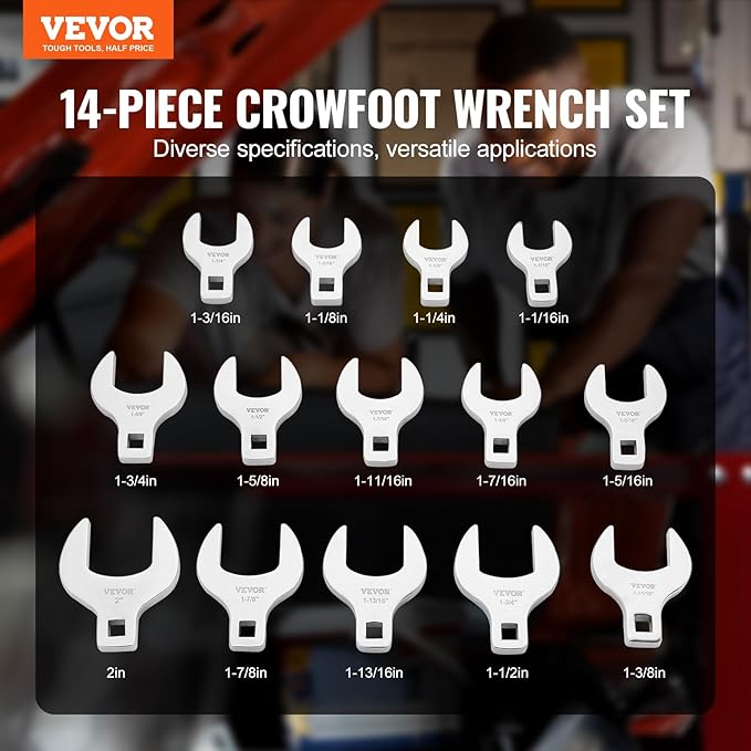 VEVOR Crowfoot Wrench Set, 1/2" Drive 14-Piece SAE (1-1/16" - 2") Crows Foot Wrench Set with Storage Tray, 40CR Material with Laser Etched Sizing, for Mechanical Maintenance or Repairs