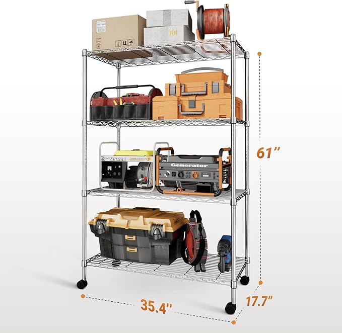 Simple Deluxe Heavy Duty 4-Tier Shelving with Wheels, 35.43" W x 17.72" D x 61.02" H Adjustable Steel Organizer Wire Rack, 1400 Lbs Loading Capacity, Chrome