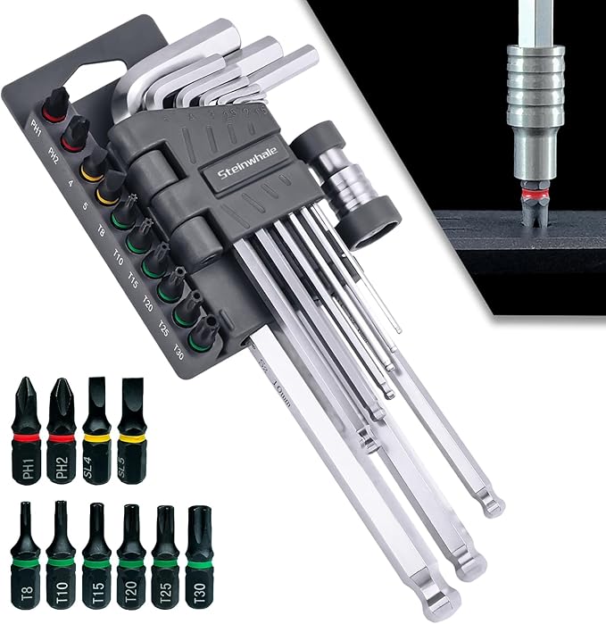20in1 Metric Allen Wrench Set, S2 Steel Hex Key Set, Allen Key Set with Bit Adapter and Screwdriver Bits, Ball End for Tilt Operation and Chamfered Tips for Easy Entry