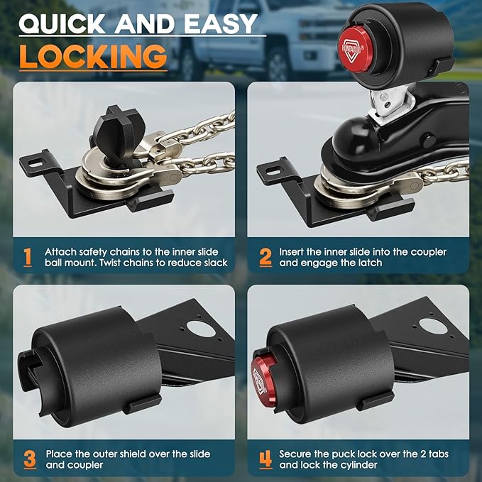 2" Heavy Duty Trailer Lock - Ball Coupler and Safety Chains Anti-Theft, Solid Steel Trailer Tongue Lock for RV, Boat, Camper, Cargo Trailers Trailer Hitch Locks