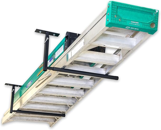 StoreYourBoard Adjustable Overhead Ladder Rack – Garage Organizer Ladder Shelf for Step & Extension Ladders - Storage Racks and Shelving for Garage Organization - Ceiling Mounted - Holds 75 lbs
