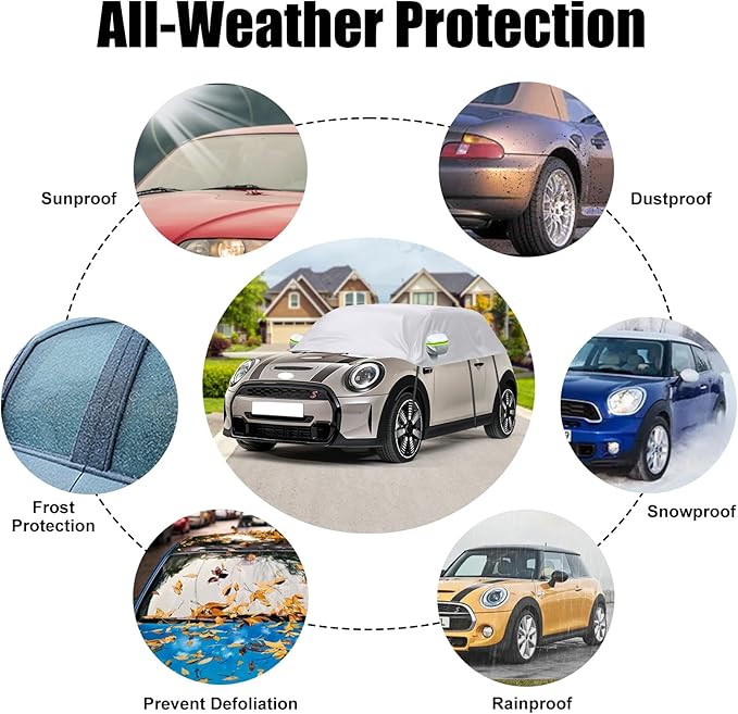 300D Silver Oxford Half Car Cover Compatible with 2000-2024 Mini Cooper/S/Hardtop 2 Dr, Protector Car Body Covers for Windproof Dustproof UV Resistant Protect Your Windshield and Roof
