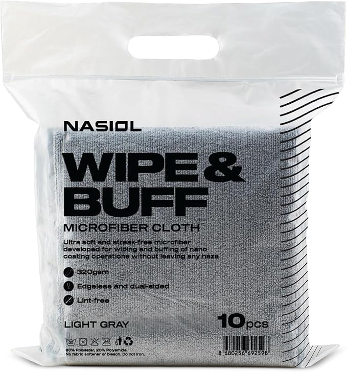 Nasiol Wipe&Buff Microfiber Cleaning and Ceramic Coating Buff Cloth – Professional, Highly Absorbent, Lint & Streak-Free, Edgeless Double-Sided Towel – Pack of 10, Light Gray (13.79 x 15.75 in)
