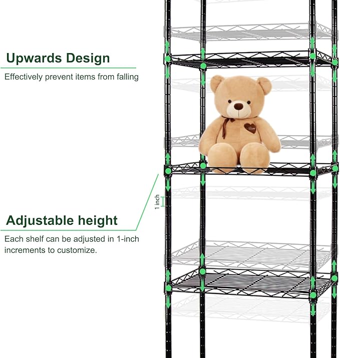 6-Wire Shelving Adjustable Shelves, Standing Storage Shelf for Laundry Bathroom Kitchen Pantry Closet Organization (Glossy Black, 16.6" L x 11.4" W x 64.6" H)