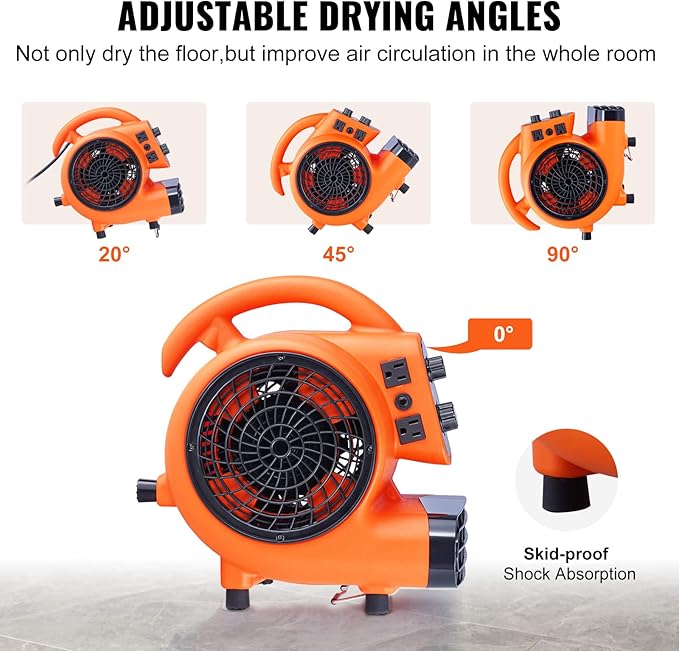 VEVOR Air Mover, 1/4 HP 1000 CFM Carpet Dryer for Cooling and Ventilating, Portable Floor Blower Fan with 4 Blowing Angles and Time Function, for Janitorial, Home, Commercial Use