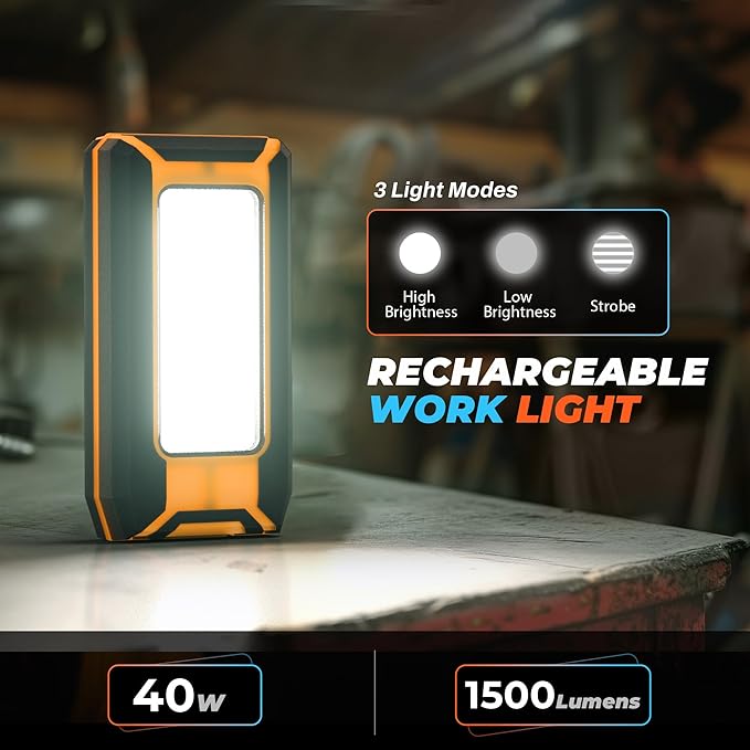 innofox 2-Pack LED Rechargeable Magnetic Work Light 1500 Lumens, Hanging Hook with 3 Modes, LED Work Light for Car Repair, Camping, and Hurricane Use