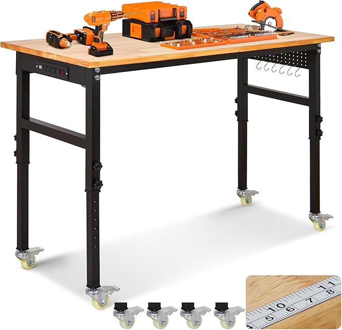 70" Heavy Duty Adjustable Workbench, 2000 LBS Capacity Sit Stand Workstation with Power Outlet, Pegboard & Wheels | Rubber Wood Top Garage Table with Stick-on Ruler