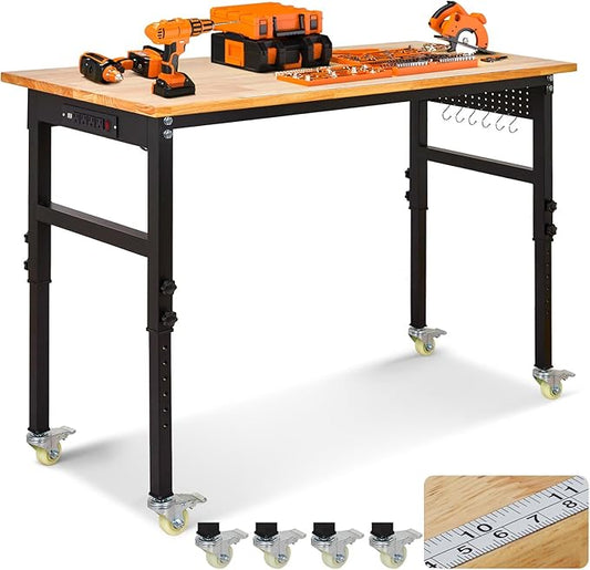 70" Heavy Duty Adjustable Workbench, 2000 LBS Capacity Sit Stand Workstation with Power Outlet, Pegboard & Wheels | Rubber Wood Top Garage Table with Stick-on Ruler