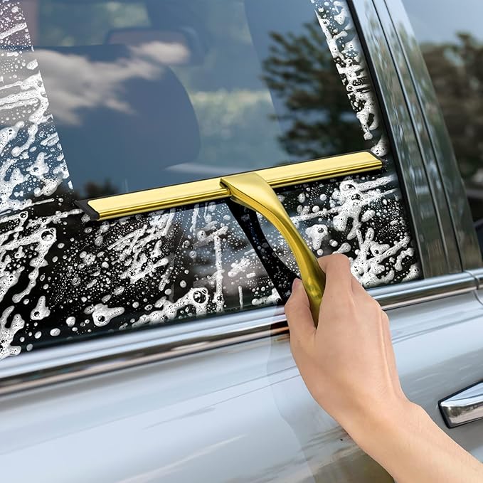 All-Purpose Stainless Steel Shower Squeegee for Shower Doors with 2 Adhesive Hooks, Bathroom Cleaner Tool Household Window Mirror Squeegee for Home Cleaning, Glass Door, Tile Wall, Car, 10 Inch Golden