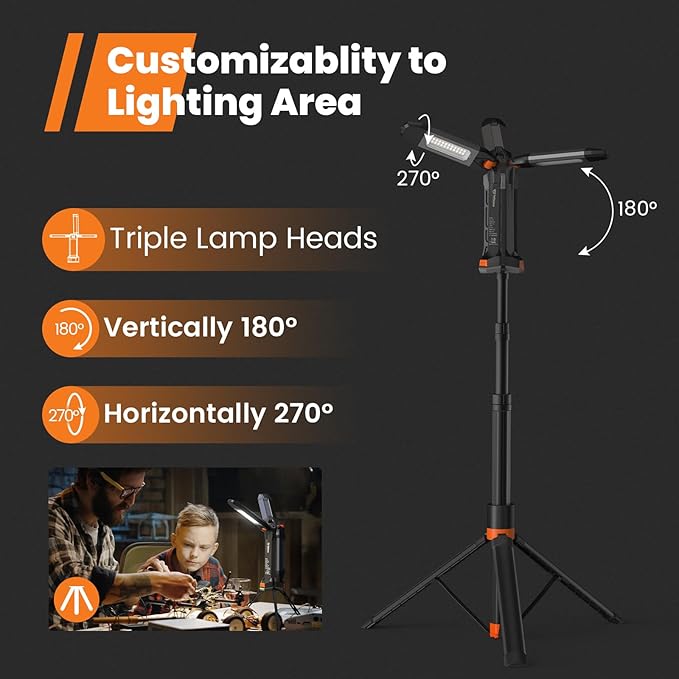 gogonova 2026 Rechargeable Work Light with Stand, 4 in 1 Cordless Camping Light, 700/1200/2200 Lumens, 4000/6500K Dimmable LED Work Lamp with Detachable Tripod（Grey）