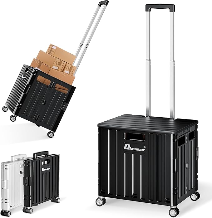 Folding Utility Cart with Lid, Portable Rolling Crate Handcart Collapsible Shopping Trolley, Durable Plastic Foldable Tool Basket with 4 Rotate Wheels for Grocery, Office, Luggage, School - Black