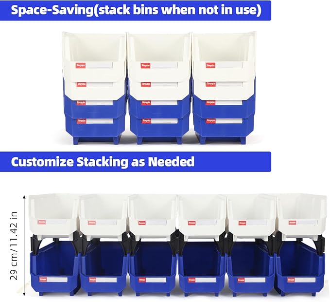 Stackable Storage Bins 12 Pack (11x5x5 Inch), Plastic Stackable Storage Organizer Bins Wall Mounted Hanging Small Parts Bin for Garage, Workbench & Office (Blue & White)
