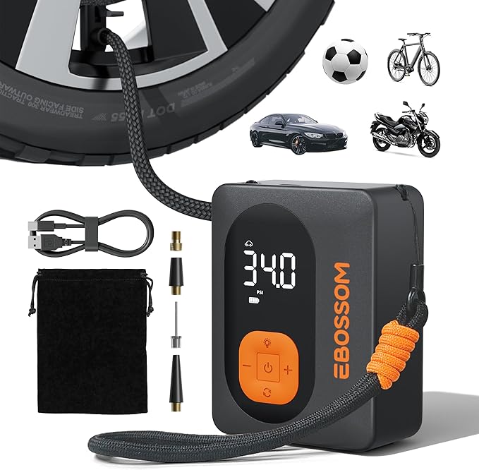 EBOSSOM Tire Inflator Portable Air Compressor Cordless Bike Pump with Digital Dual Values Display, 130 PSI Car Tires Pump with LED Lights Air Pump for Bikes, Motorcycles, Balls（15cm Car Air Hose）