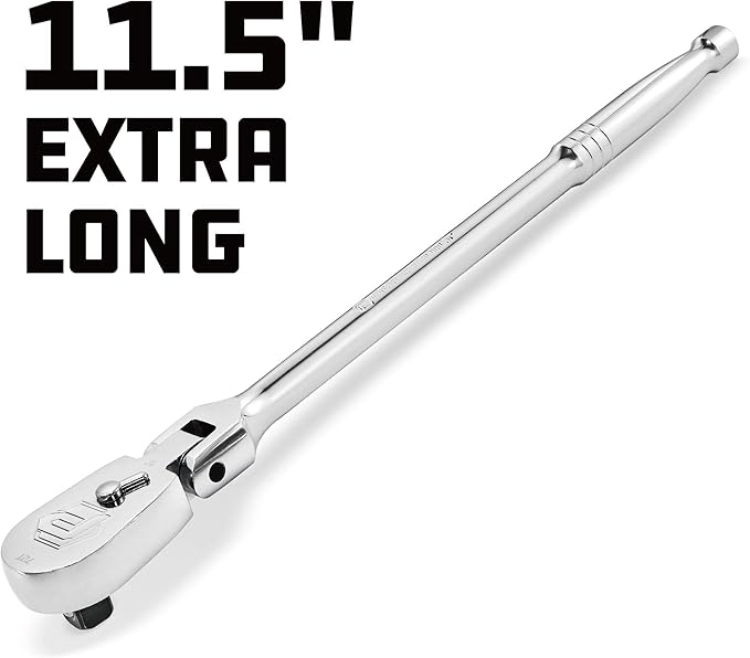 Powerbuilt 3/8" Drive Flex Head Extra Long Ratchet Handle, 11.5 Length Long Reach Seal Head Ratchet, 72 Tooth Gear-649934