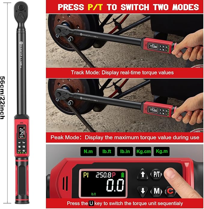 1/2-inch Digital Torque Wrench(3.8-250.8Ft.Lb/5.1-340Nm) ±1% Accuracy Digital Torque Wrench with Vibration, Buzzer,LED Notification and Five Units of Measure, for Car,Motorcycle Repair, DIY