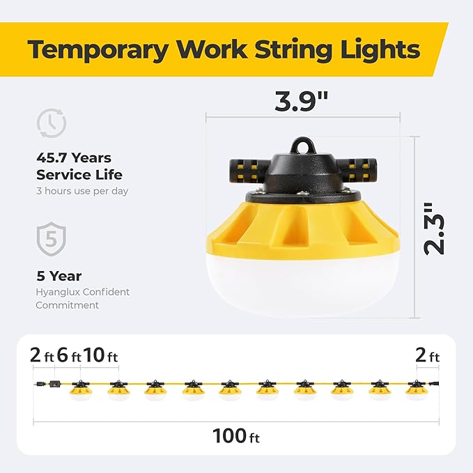 3 Prong LED String Lights with Switch: 100FT Linkable ETL Certified Bright Work Lights, Hanging Temporary Outdoor/Indoor Lighting for Construction Attic Jobsite Garage Shop
